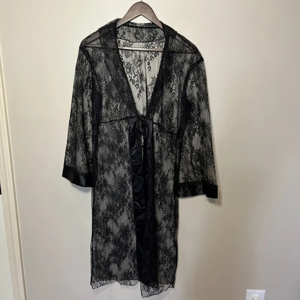 Black Lace Robe Long Sleeve Sheer‎ Sexy Satin Trim One Size Lingerie